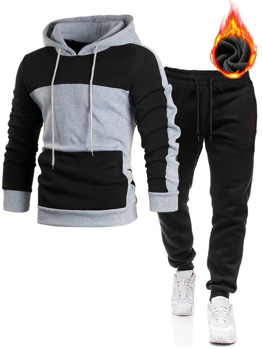Conjunto de Moletom Casual com Calça e Blusão de Forro Polar com Contraste de Cores para Homens, Outono/Inverno - Preto - Visão 1