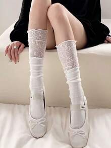 1 Đôi tất cao đến đầu gối phối ren xếp nếp phong cách ballet xuân/hè, phong cách Y2K dành cho nữ - Nhiều màu - Xem 8