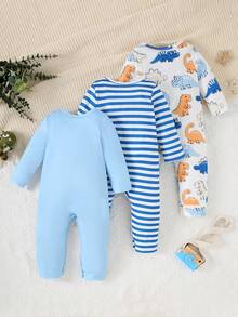 男婴恐龙印花长袖连体衣三件套，条纹设计，基础款，柔软针织涤纶面料，弹力十足，可机洗，休闲日常穿着，春夏秋季皆宜 - 彩色 - 查看 2