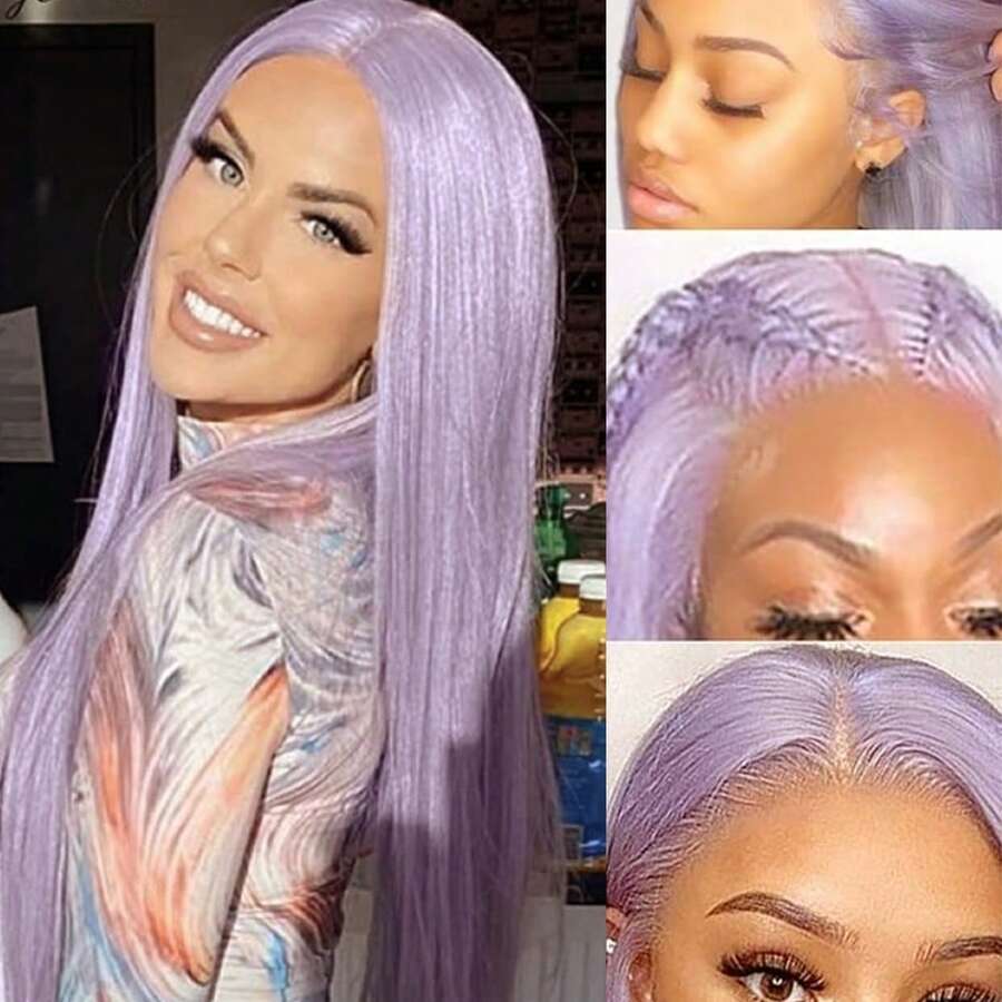 13X6 Platinum White Synthetic Lace Front Wigs 28 Inch Pre Plucked Long Straight Hair Wigs Glueless White Wigs Heat Resistant Fiber Hair Natural Halloween Wigs Platinum Blonde Lace Front Wigs For Women For Daily Christmas Party Cosplay Use - Light Purple - 查看 1