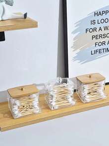 Cotton Swab Dispenser, Transparent Wooden Lid Medicine Bottle Container With Cover, Bathroom Canister, Cotton Ball Makeup Box, Cotton Swabs, Dental Floss, Bathroom Accessories, Bathroom Storage And Organization