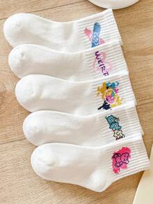 5双儿童涂鸦爱心熊袜子适合日常搭配男童女童儿童袜子 - 彩色 - 查看 1