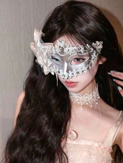 1 件万圣节服装派对面具，黑色和银色花朵玫瑰蕾丝兔子蜘蛛网蝙蝠耳面纱面罩，摄影道具，哥特式蕾丝风格性感内衣配饰化妆舞会面具