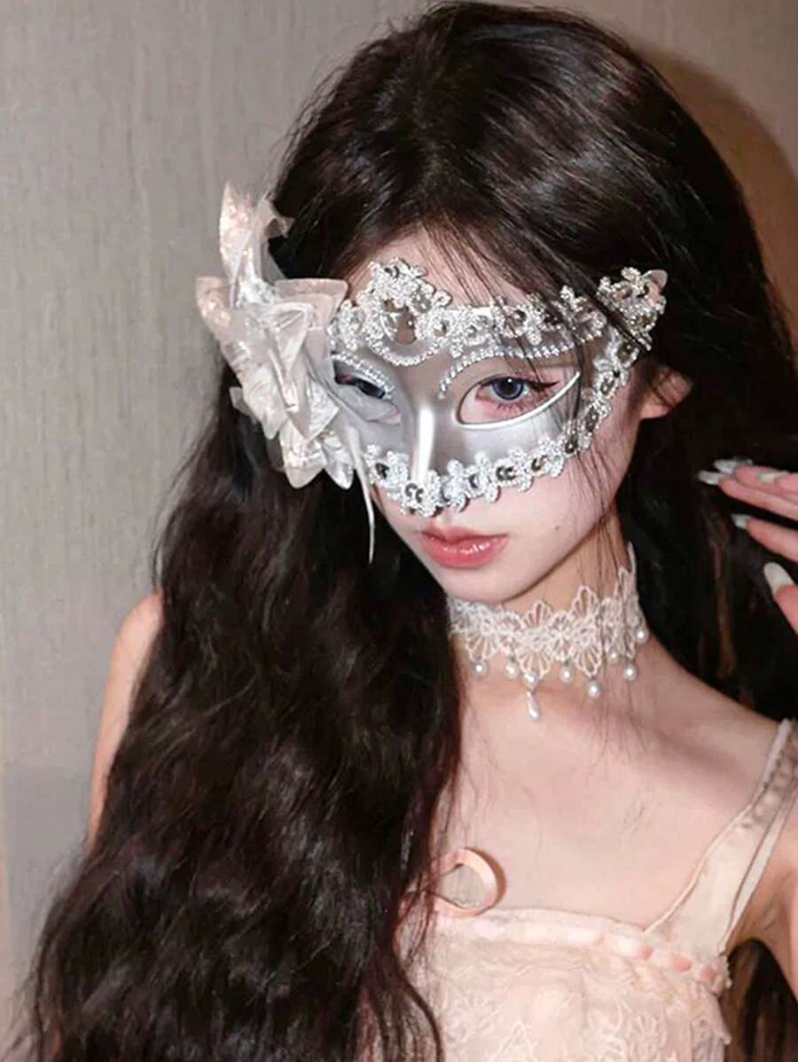 1 件万圣节服装派对面具，黑色和银色花朵玫瑰蕾丝兔子蜘蛛网蝙蝠耳面纱面罩，摄影道具，哥特式蕾丝风格性感内衣配饰化妆舞会面具