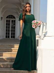 Volly Toych Elegante vestido de dama de honor de gasa verde oscuro, con diseño de cuello redondo, mangas cortas con volantes drapeados, perfecto para ocasiones especiales - Verde Oscuro - Ver 5