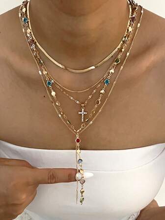 5pcs/Set Fashionable Y-Shaped Necklace Set, Elegant Vintage Design With Colorful Rhinestones, Cross, Snake Bone Chain, Minimalist Plain Chain Pendant Necklaces, Suitable For Holiday, Party, Daily Wear