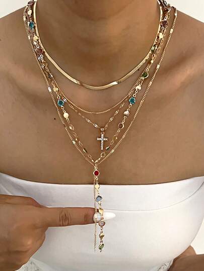 5pcs/Set Fashionable Y-Shaped Necklace Set, Elegant Vintage Design With Colorful Rhinestones, Cross, Snake Bone Chain, Minimalist Plain Chain Pendant Necklaces, Suitable For Holiday, Party, Daily Wear