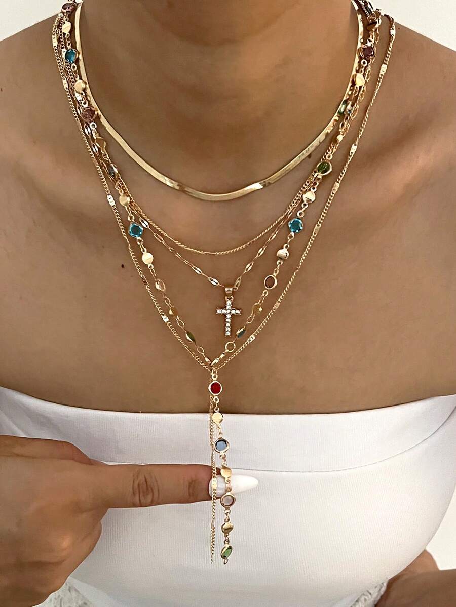 5pcs/Set Fashionable Y-Shaped Necklace Set, Elegant Vintage Design With Colorful Rhinestones, Cross, Snake Bone Chain, Minimalist Plain Chain Pendant Necklaces, Suitable For Holiday, Party, Daily Wear - Yellow Gold - View 1