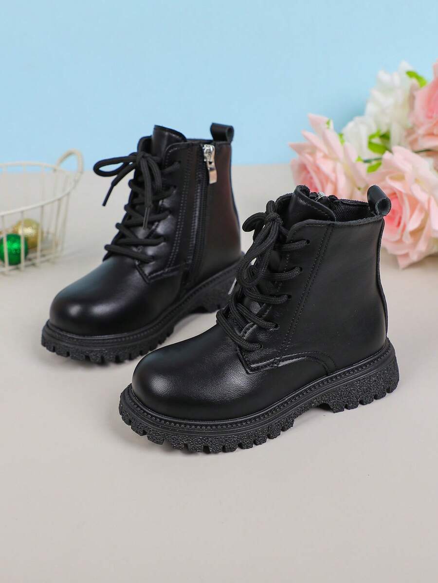 1 双儿童黑色 PU 靴，带侧拉链，厚底靴，适合男孩和女孩、小学生和中学生，四季皆宜，通勤、度假、聚会