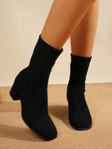 1双方头麂皮高跟踝靴，松紧靴筒，秋冬款 - 黑色 - 查看 4