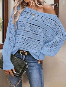 Womens Off Shoulder Sweaters Fall 2025 Oversized Knit Batwing Long Sleeve Crochet Pullover Sweater Tops - Màu xanh lam - Xem 3