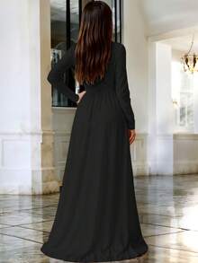 Vestido Largo Escote en V Acentuado Corte con Abertura Frontal Elegante Mangas Largas Ajustadas Diseño Fluido Cintura Ceñida Moderno Casual y Elegante Vestido Llamativo  Liso    Fiesta    Abertura alta  Cremallera  Fruncido    Boda - Negro - Ver 4