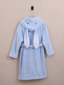 1pc Coral Fleece 3D Ear Embroidered Rabbit Hooded Bathrobe, Loungewear, Robe, High-End, Casual, Suitable For Bathing, Pool, Gift - Pink - View 15