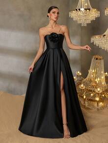 Faeriesty Style Elegant Luxury Stereo Flower Halter Neck Split Thigh Satin Prom Dress – Backless Tie-Belt Design For Weddings, Galas, And Cannes Parties Proms, Red-Carpet Events, And High-End Banquets​,Award Ceremonies