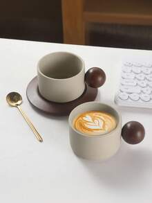 1pc Creative Minimalist Ceramic Coffee Cup & Saucer Set, With Wooden Ball Handle, Office & Casual Mug, Home Breakfast Cup, Latte Art Coffee Cup, Afternoon Tea Cup & Saucer, Practical Drinkware - Multicolor - View 4