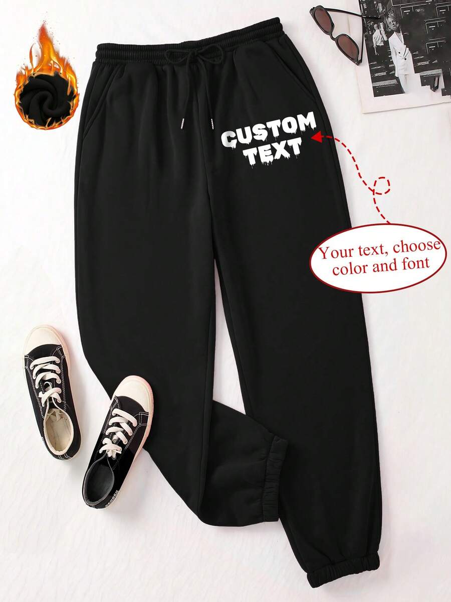 Customized Women's Sports Sweatpants - Customized Fleece And Thickened Pants, Add Your Text, Choose Font And Color, Sweatpants Customization, Custom Autumn And Winter Special Sports Pants, Design Your Own Personalized Pants As A Gift For Girlfriend, Family, Yourself, Anniversary, Festival, Etc. Customized Gifts, Customized Pants, Customized Text Pants, Women's Pants - Black - View 1