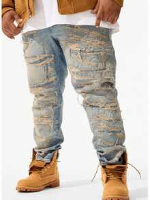 Plus Size Men's Distressed Washed Blue Relaxed Fit Casual Jeans - Blue - View 2