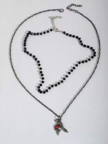 2pcs Gothic Style Black Faux Pearl Rhinestone Crow & Cage, European Rose Bird Necklace Set For Women - Gun Black - View 4