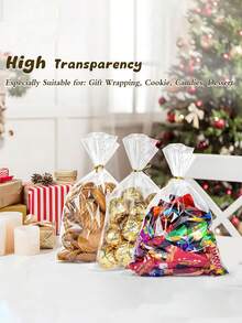 50/100个透明三角玻璃纸礼品袋，配金色扭绳，可重复使用的塑料礼品包装，适用于马克杯、甜点、松饼、面包、巧克力、透明面包袋、塑料袋、饼干袋、糖果袋，适合作为零食礼品、生日派对礼物、圣诞礼品袋。 - 彩色 - 查看 2