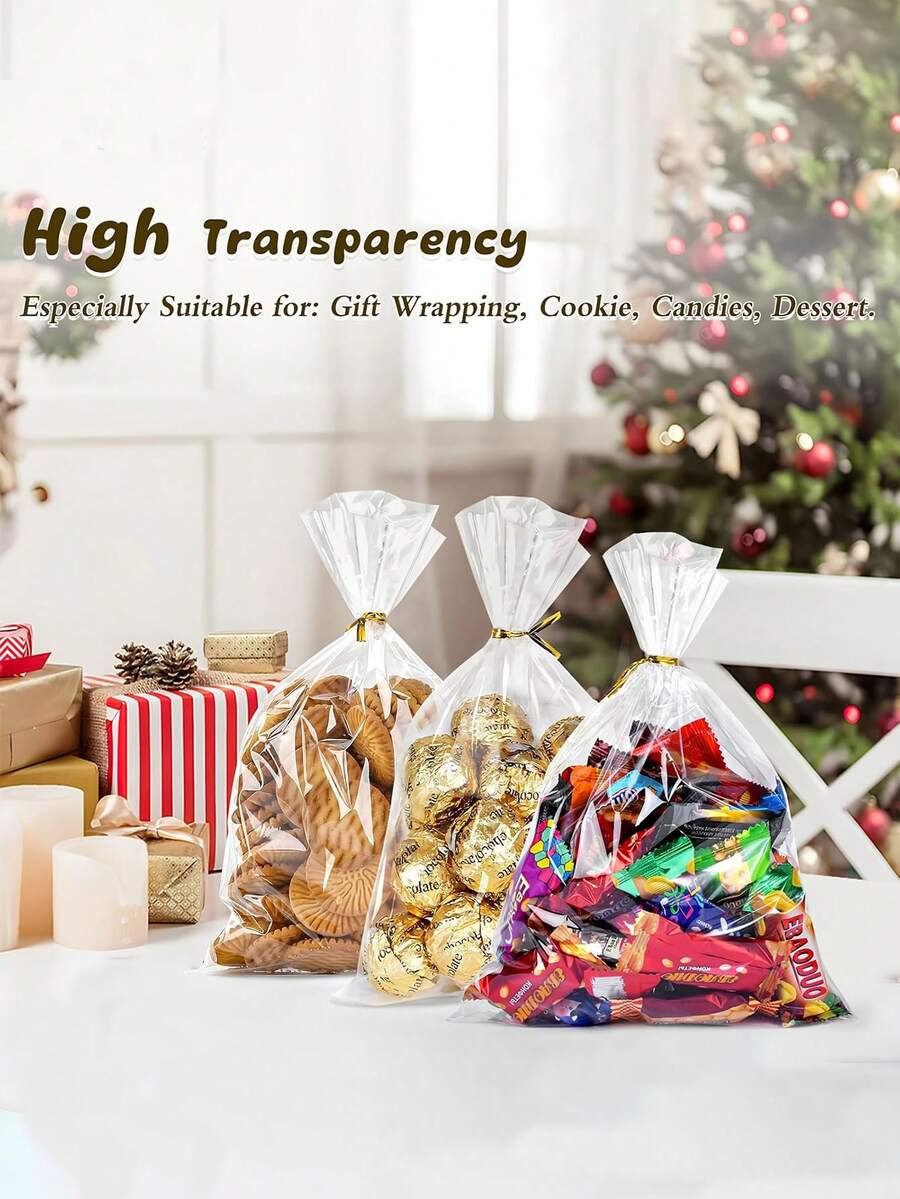 50/100个透明三角玻璃纸礼品袋，配金色扭绳，可重复使用的塑料礼品包装，适用于马克杯、甜点、松饼、面包、巧克力、透明面包袋、塑料袋、饼干袋、糖果袋，适合作为零食礼品、生日派对礼物、圣诞礼品袋。