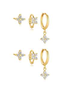 rakol 6pcs Set Elegant Shiny Copper Cubic Zirconia Four-Leaf Clover Hoop Earrings Set, Gift For Women - Style 11 - View 3