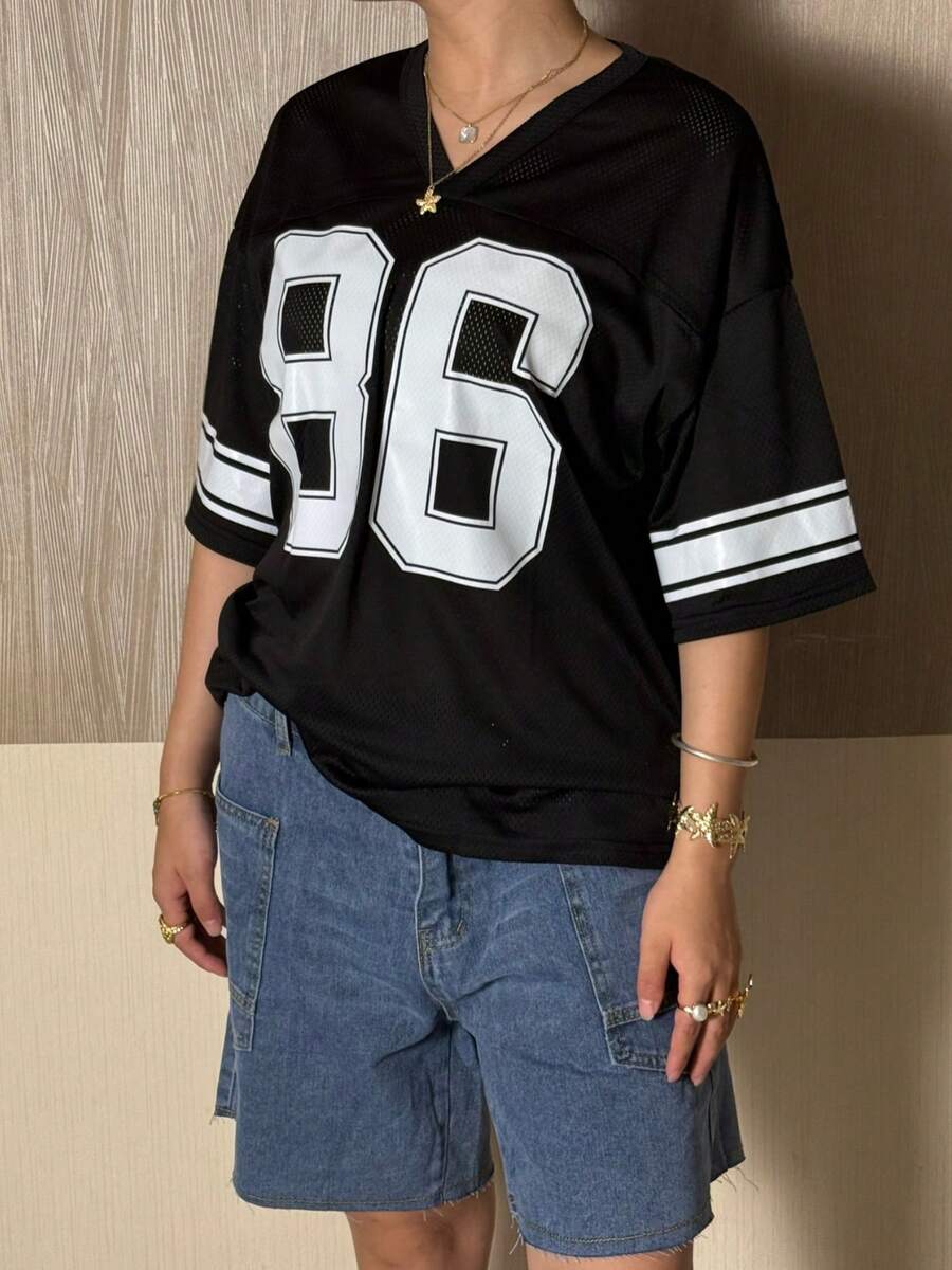 Womens Oversized Jersey Tops Half Sleeve V Neck Letter Graphic Loose T-Shirts Tunics - màu đen - Xem 1