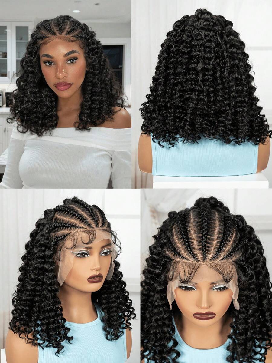 1pc 16 Inch Women's Short Braid Wig Black 13*6 Front Lace Short Braid Synthetic Fiber Wig, Breathable, Comfortable And Stylish Basic, With Heat-Resistant Fiber Daily Wear