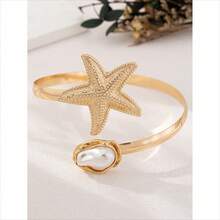 1pc Fashionable Asymmetric Pearl & Starfish Open Cuff Bracelet, Beach & Holiday Style.Suitable For Women Daily Wear, Various Holidays, Mother's Day Gift, Social Events, Beach Vacation Jewelry, Music Festival Accessories - 金色 - 查看 2
