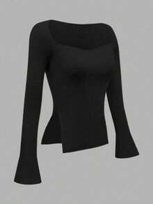 女士纯色罗纹针织上衣，舒适时尚，适合春秋季晚间约会穿着。Maija 女装，女士上衣，节日，外出，钩针编织上衣，全白，复古风，秋季女装，秋季，返校季 - 黑色 - 查看 2