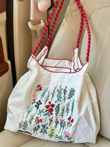 花卉刺绣帆布托特包，小众复古风，大容量，适合大学生，女士休闲单肩包 - 米色 - 查看 2