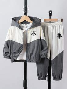 2 Stücke/Set Jungen Lässig Slogan Muster Farbblock Langarm Kapuzen Reißverschluss Jacke und Hose Set, geeignet für Lässig, Sport, Alltag, Schule, Outdoor, Frühling/Herbst