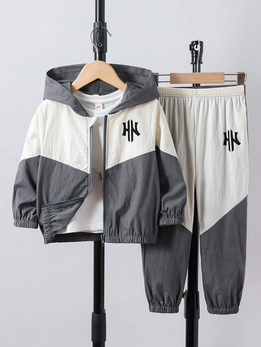 2 Stücke/Set Jungen Lässig Slogan Muster Farbblock Langarm Kapuzen Reißverschluss Jacke und Hose Set, geeignet für Lässig, Sport, Alltag, Schule, Outdoor, Frühling/Herbst