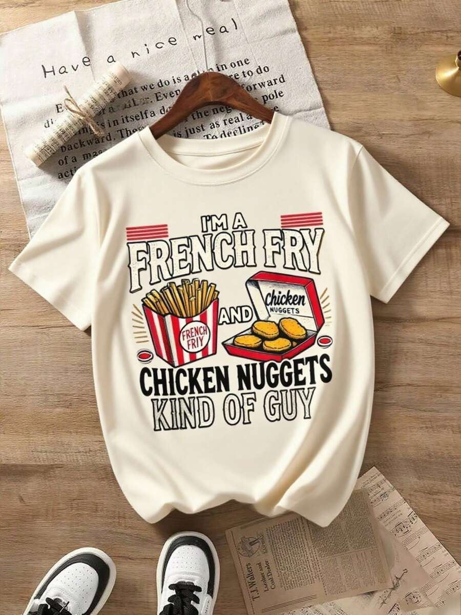 Boys & Teens' Casual Graphic Print Round Neck Short Sleeve T-Shirt, Summer Top - 杏色 - 查看 1