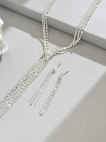 3pcs Set Minimalist Rhinestone & Crystal Tassel Y-Necklace & Earrings Jewelry Set, Suitable For Dress Matching