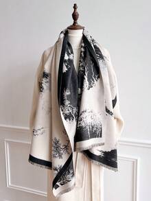 1 件女士复古时尚水墨画围巾，艺术女士毛毯围巾长斗篷披肩，时尚设计师新款优雅系列礼物，适合服装、拍摄照片和温暖的冬秋季