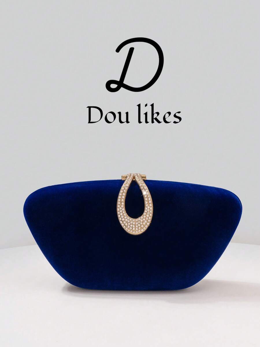 1pc Luxury Velvet Box-Shaped Party Handbag, Water Drop Shaped Rhinestone Decor Clutch Bag, Suitable For Gala, Ball, Formal Attire Pairing, Formal Party Crossbody Bag, Tready Party Bag, Perfect For Party, Wedding, Prom, Gala/Banquet, Matching Women's Prom Dress, Prom Accessories, Sequin Dress, Shiny Dress, Women's Elegant Dress. - Royal Blue - View 1
