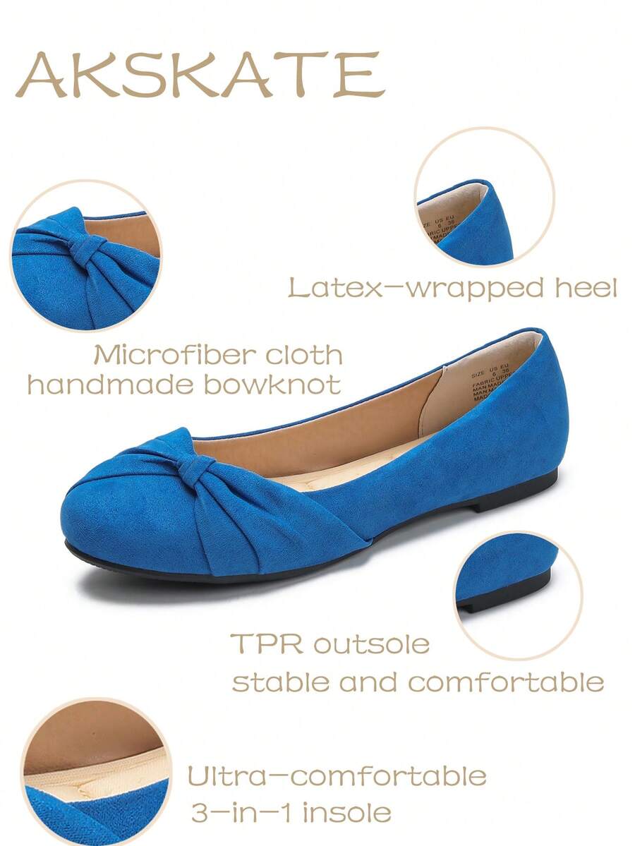 Women's Elegant Suede Ballet Flats With Bow Knot, Comfortable Breathable PU Lining, Slip-On Soft Sole Casual Shoes - 藍色 - 查看 1