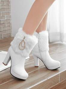 Women's Ankle Boots Platform Boots Side Zip Chunky Heel Booties With Fur Round Toe Leather Winter Boots For Women - 白色 - 查看 4