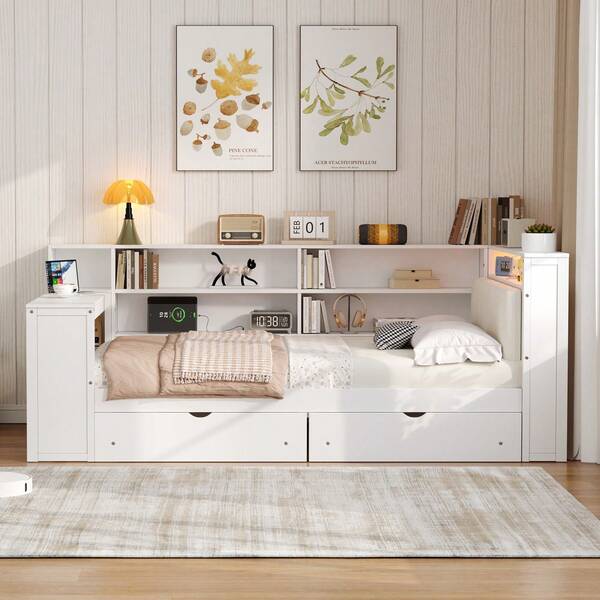MERAX Wood Full Size Platform Bed With Storage Shelves, Drawers, Charging Station, LED, Desk And Upholstered Headboard, White+Beige Cushion