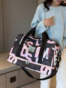 字母图案随机大容量行李旅行行李袋，过夜度假运动健身包，周末随身手提包，干湿分离，休闲多功能便携式单肩包，适合商务 - 彩色 - 查看 7