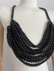 DEKUNER 1件高品质奢华多层女士珍珠吊带背心上衣，手工打结时尚性感珍珠身体链 - 亮黑色 - 查看 5