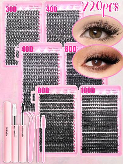 720pcs False Eyelashes Set, Individual Cluster Lashes, D Curl, 9-16mm, DIY Handmade Lashes, Natural & Voluminous Curl, Soft & Thick, Options: 30D/40D/40D/80D/80D/100D, Ultra-Lightweight, 0.07mm Faux Mink Hair, Individual Cluster Design, Suitable For Daily Wear, Parties & All Occasions, Essential Makeup Tool