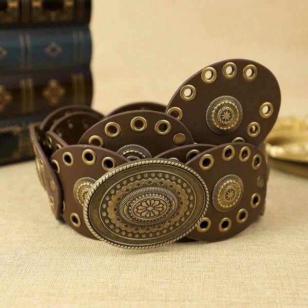 1 pieza Cinturón de mujer de PU con hebilla redonda para ojos hinchados, estilo bohemio de moda, adecuado para uso diario en verano, escuela en otoño, otoño y Halloween