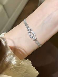 1pc Stainless Steel Milanese Horseshoe Clasp Woven Bracelet, Gold Plated Hollow Strap, Fashion Minimalist Versatile Design - Horseshoe Watch Strap Bracelet - View 11