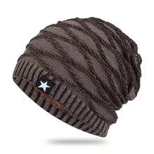1pc Men's Loose Knit Hat With Five-Pointed Star Decoration, Thermal Lined Winter Outfits Fluffy