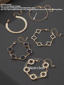 5 件经典镂空水钻四叶草和五叶草飞机链手链套装，适合女士，百搭分层/混搭（无礼盒。由于手工切割，珠链数量随机但长度固定，不会影响最终佩戴效果） - 金黃色 - 查看 6