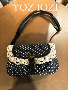 Túi xách chấm bi phong cách Hàn Quốc Back To School màu tương phản, thích hợp cho sinh viên đại học, túi đeo chéo, túi vải bố chấm bi cao cấp, túi đi học cho nữ - màu đen - Xem 3