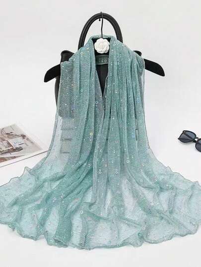 1 件女士轻质纯色亮片波尔卡圆点头巾，薄长披肩头巾中东头巾装饰围巾防晒披肩，适合日常使用