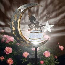 Fairy Angel Solar Moon Post Lamp, Gift For Garden Decoration, Decorative Cracked Glass Ball, Outdoor Art Accessories For Lawn Backyard, Courtyard Landscape Pathway - Rust Brown - View 2