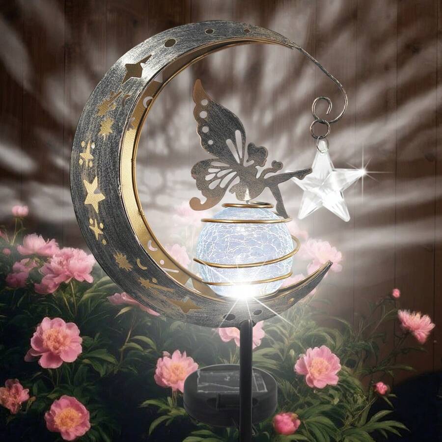 Fairy Angel Solar Moon Post Lamp, Gift For Garden Decoration, Decorative Cracked Glass Ball, Outdoor Art Accessories For Lawn Backyard, Courtyard Landscape Pathway